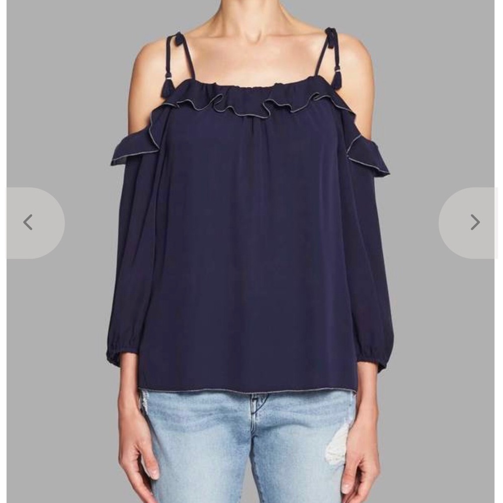 Joie Navy Cold-Shoulder Ruffle Tie-Shoulder Blouse Size L - Picture 4 of 11